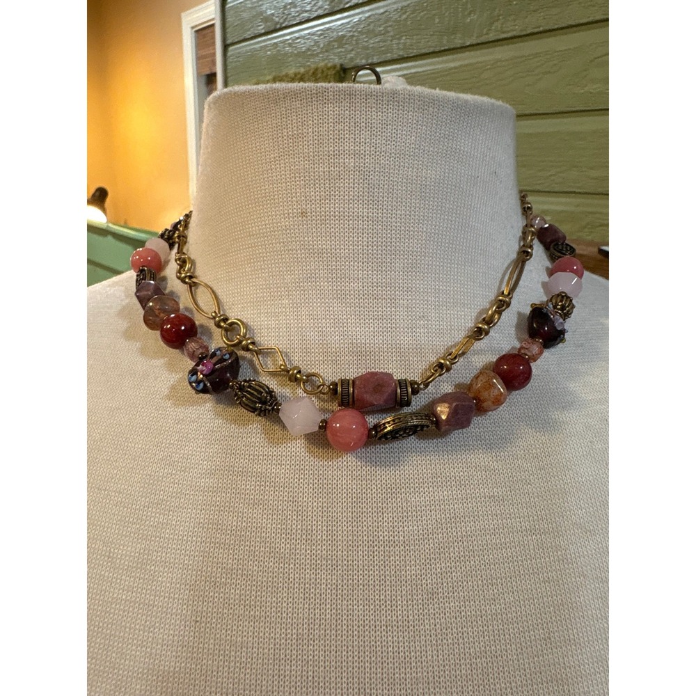 Chicos‎ Double Strand Beaded Necklace Burgundy Pink Floral Lampwork Brass Tone